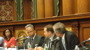 Brooklyn Borough President Eric Adams, second from left, held a town hall meeting with a panel of medical experts, 