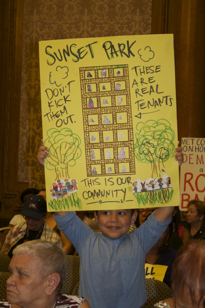 Renters protest the proposed rent hikes at the Rent Guidelines Board public hearing.   Photo by Jessica Nieberg
