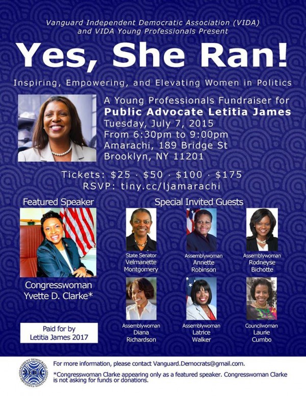 The poster for an upcoming fundraiser for Letitia James with photos of eight of the 13 women of color from Brooklyn now holding elected public office.