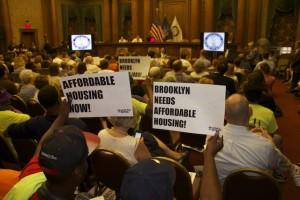 A overflow crowd filled borough hall to express their point of view on the proposed Brooklyn Heights Library sale.