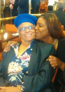 New York City Public Advocate Letitia James plants a smooch on Thelma James, mother of the late City COuncilman James Davis and current Democratic District Leader Geoffrey Davis at the breakfast. The spry Ms. David turns 90 tomorrow. 