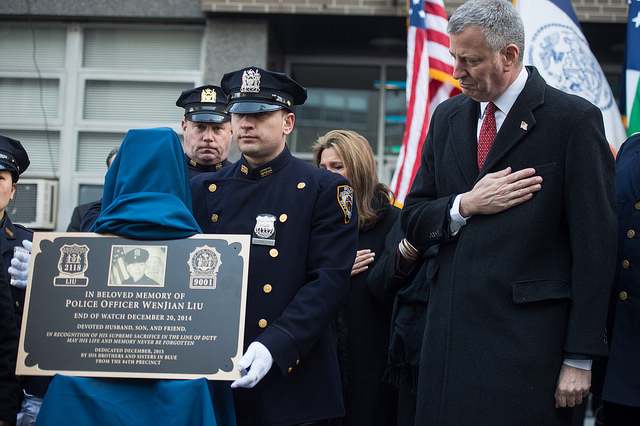 Mayor Bill de Blasio attend the Plaque Dedication Ceremony and Wreath laying ceremony in honor of Detective Rafael Ramos and Detective Wenjian Liu in Brooklyn, New York. December 20, 2015. Credit: Demetrius Freeman/Mayoral Photography Office.