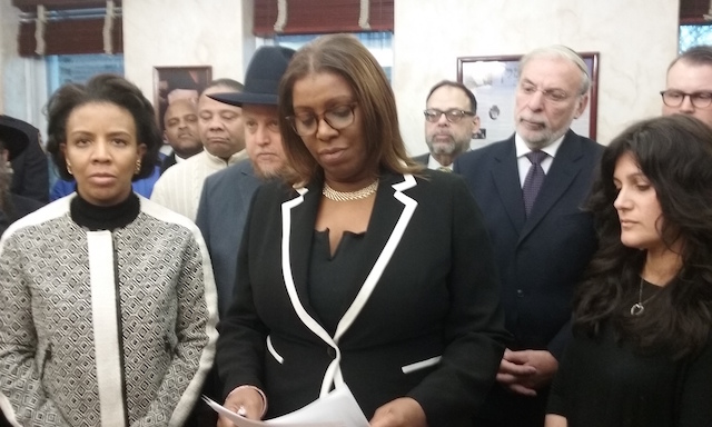 Public Advocate Letitia James leads press conference filled with local elected and civic leaders to decry recent random stabbing of a Hasidic Jewish man in Crown Heights.
