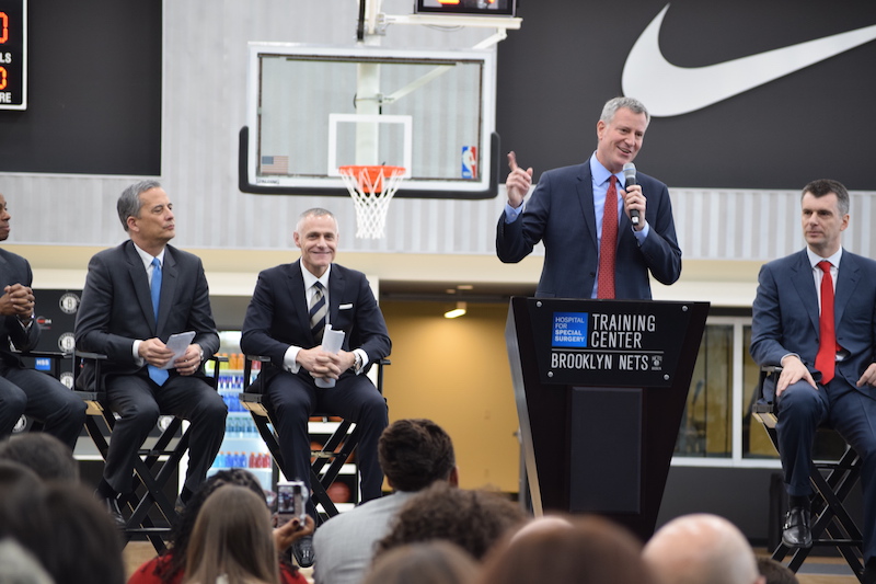Mayor Bill de Blasio speaks about the Brooklyn Nets being fully in Brooklyn with the opening of the training facility.