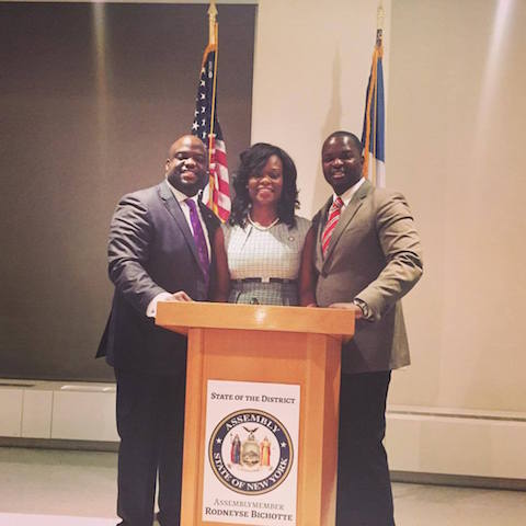 From left are haitian American Caucus Executiove Dorector Samuel Pierre, Assembly Member Rodneyse Bichotte and Josh Pierre.tor