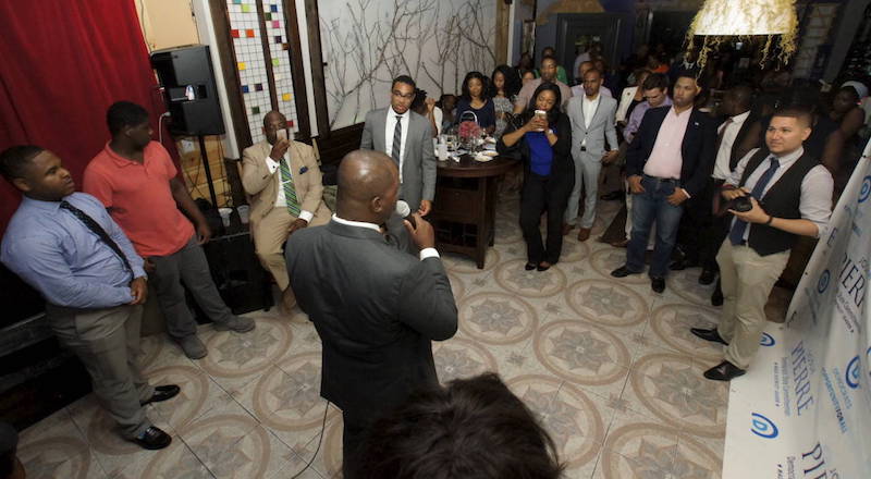 Josh Pierre addresses the well wishers last night at his fundraiser. 