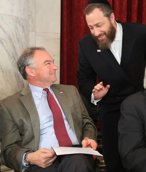 US Senator Tim Kaine in discussion with Ezra Friedlander at the Jewish American Heritage Month Celebration on Capitol Hill, May 25, 2016.