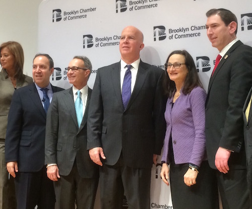 Police Commissioner O'Neill, center, and City Councilman Chaim Deutsch pose with Brooklyn Chamber of Commerce members. 