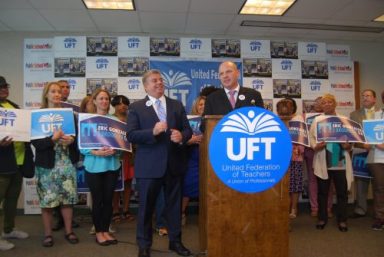 Eric Gonzalez and UFT President Michael Mulgrew