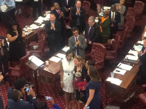 Speaker Melissa Mark-Viverito and CM Julissa Ferreras-Copeland receiving roses for their work on this year’s Fiscal Budget 2018 (2)