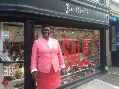 Ellen Edwards in front of her favorite store, Bentley’s in Brooklyn Heights