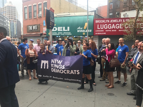 Cm Reynoso leading protesters and members of the New Kings Democrats at this year’s Democratic Breakfast in downtown Brooklyn