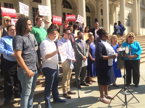 Judith Cutchins, President of the New York State Nurses Association, addressing a crowd of Graham-Cassidy Bill Protestes at City Hall
