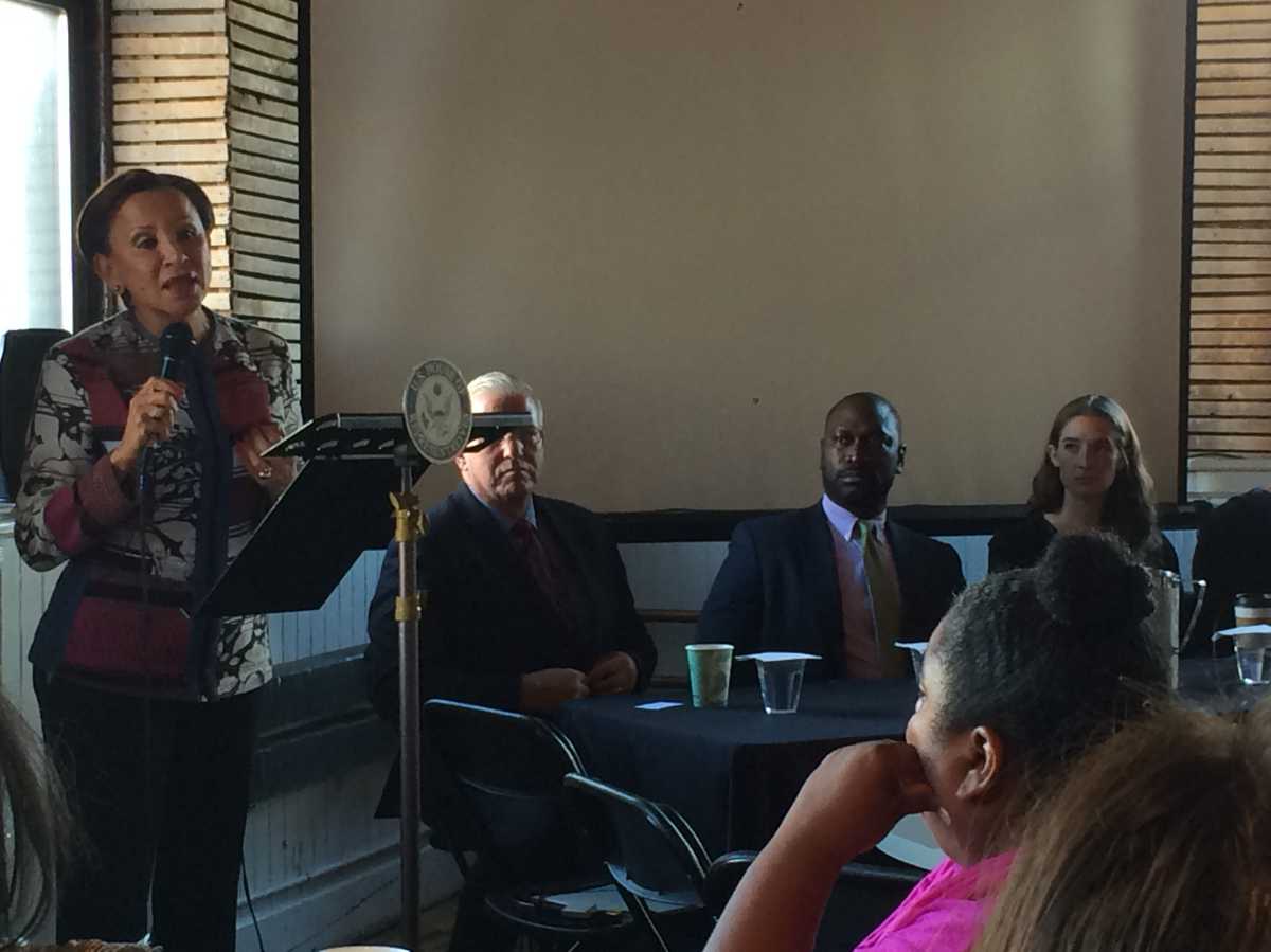 Congresswoman Nydia Velazquez addressing the crowd at the Superstorm Sandy Resiliency Summit