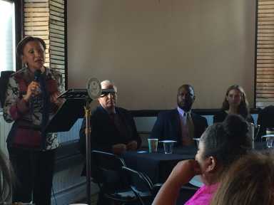 Congresswoman Nydia Velazquez addressing the crowd at the Superstorm Sandy Resiliency Summit