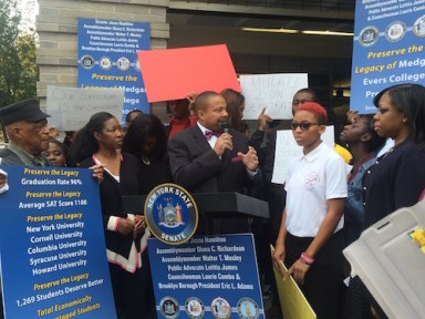 Senator Jesse Hamilton leading a rally at MCEPS against the DOE admission changes to the school