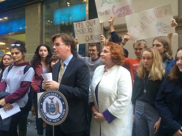 Assemblyman Robert Carroll advocating for the Young Voter Act in front of the Board of Elections