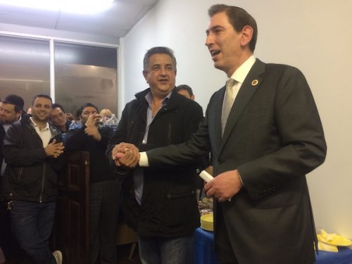 City Councilman Chaim Deutsch being congratulated by a group of supporters on his re-election bid victory