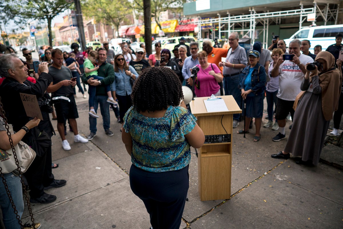 Mathlyde Frontus at a rally in front of her campaign headquarters on Mermaid Avenue in Coney Island (Photo by Tsubasa Berg)