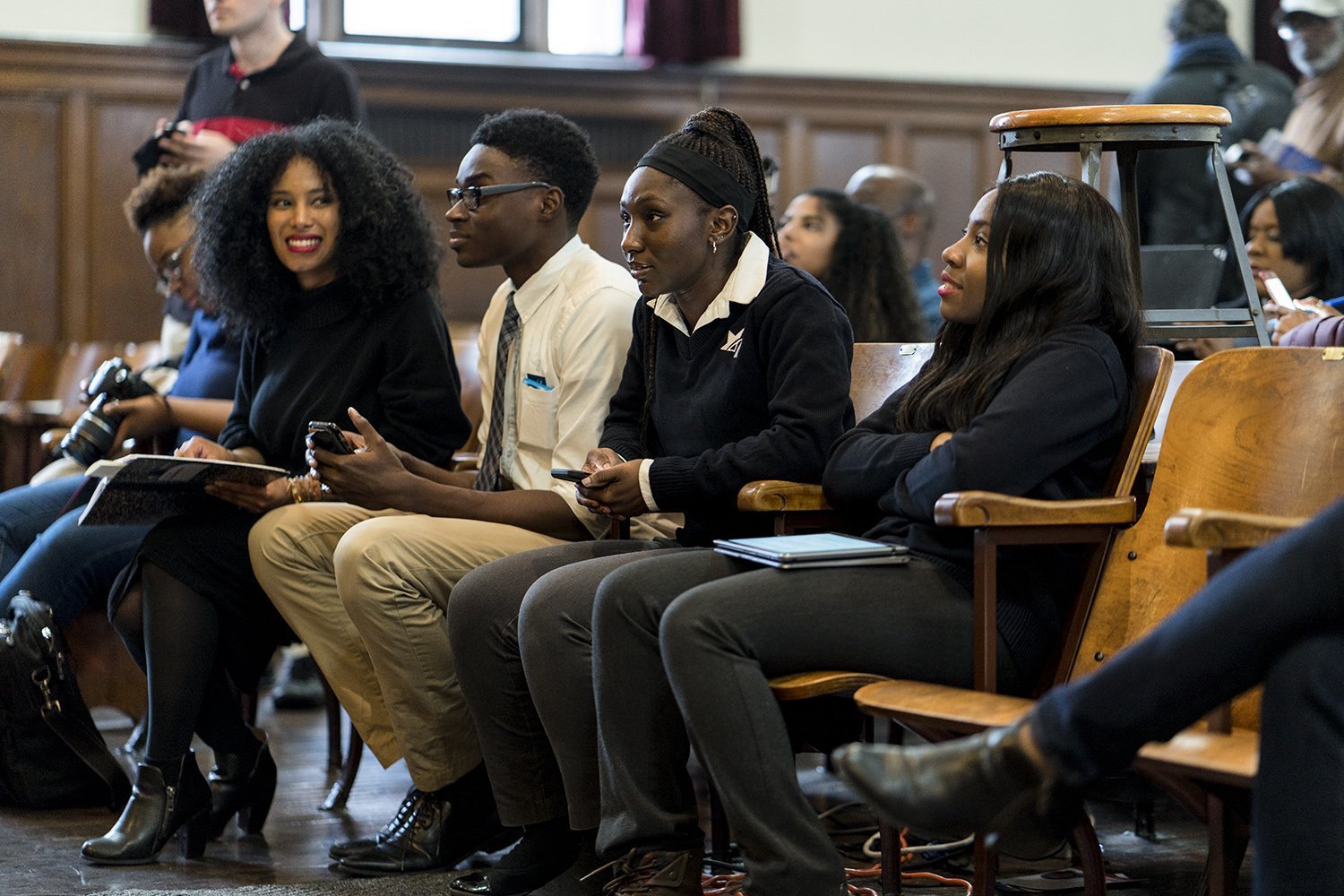 From Right - Ashley Joyner, Makayla Guisse, Remy Papillon from the Student Government of Cristo Rey Brooklyn HS, and Kelly Mena of KCP, who moderated the forum. (Photo by Tsubasa Berg)