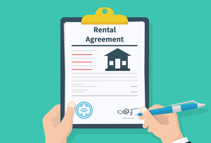 Man hold Rental agreement form contract. Clipboard in hand. Signing document. Flat design, vector illustration on background.