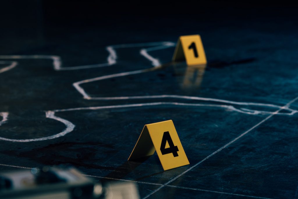 selective focus of chalk outline and evidence markers at crime scene
