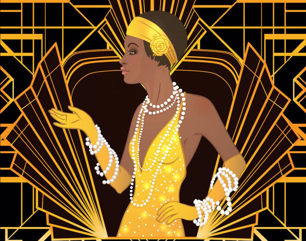 Retro fashion: glamour girl of twenties (African American woman). Vector illustration. Flapper  20’s style. Vintage party invitation design template.