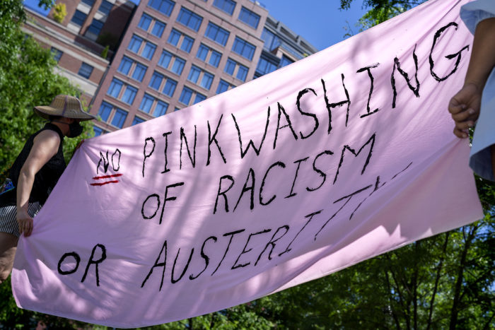 banner saying "No Pinkwashing of Racism or Austerity"