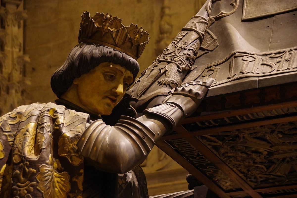 Closeup of a figure/scrupture carrying the tomb of Christopher Columbus in Seville, Spain