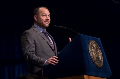 Corey Johnson delivers his State of the City Address (Credit: Jeff Reed)