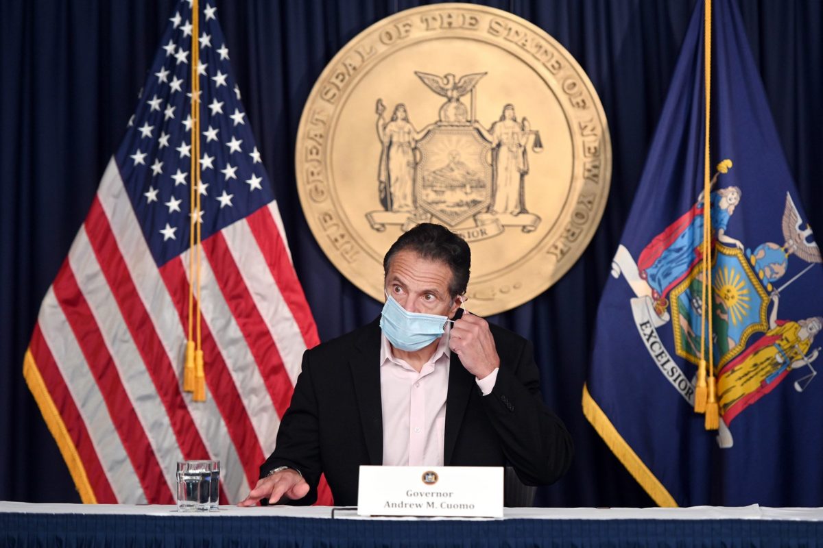 Governor Andrew M. Cuomo wearing surgical mask at press conference