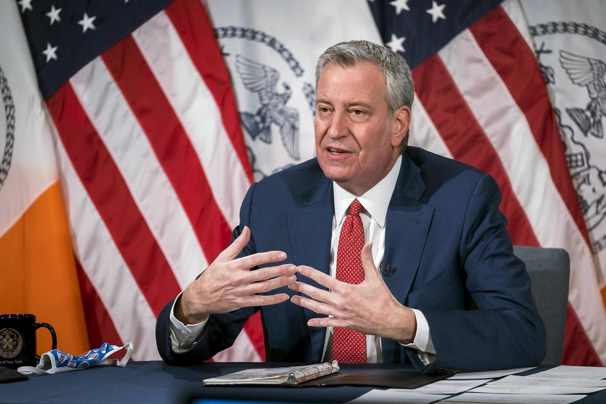 Mayor Bill de Blasio speaking to the camera at a media conference