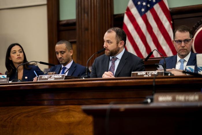 City Council Speaker Corey Johnson (center right), Council Member Mark Levine, Committee Chair on Health (far right), and Council Member Carlina Rivera, Committee Chair on Hospitals (far left)