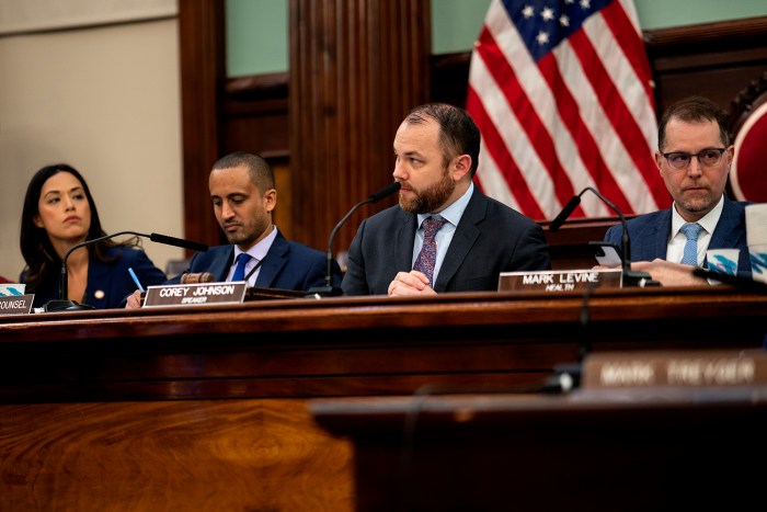 City Council Speaker Corey Johnson (center right), Council Member Mark Levine, Committee Chair on Health (far right), and Council Member Carlina Rivera, Committee Chair on Hospitals (far left)