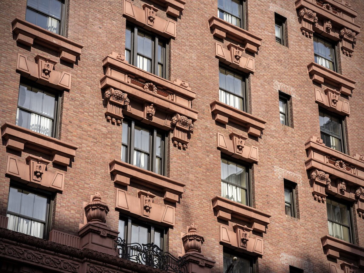 Closeup on the windows at Lucerne Hotel on the Upper West Side