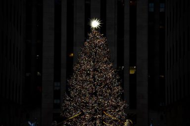 Christmas tree at Rockefeller center at night