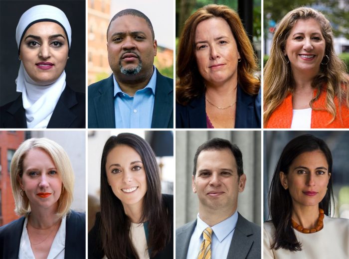 Headshot montage of the candidate, from Top Left to Bottom Right: Tahanie Aboushi, Alvin Bragg, Liz Crotty, Diana Florence, Lucy Lang, Eliza Orlins, Dan Quart, Tali Farhadian Weinstein.