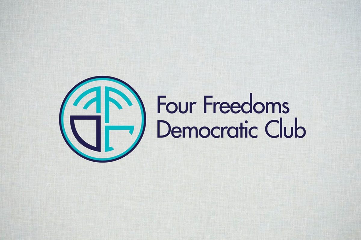 Four Freedoms Democratic Club logo on linen textured background