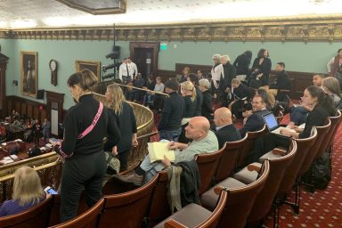 Community activists protest in the Council Chambers during the hearing (Photo by Bernadette DeVito)