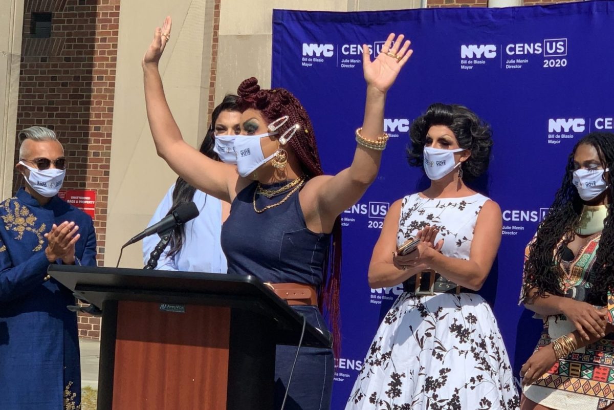 Audrey Phoenix, the drag queens representing Queens, speaks at the launch of "Calling all Queens: Get out the LGBTQIA+ Count” on September 22, 2020 outside of Queens Borough Hall.
