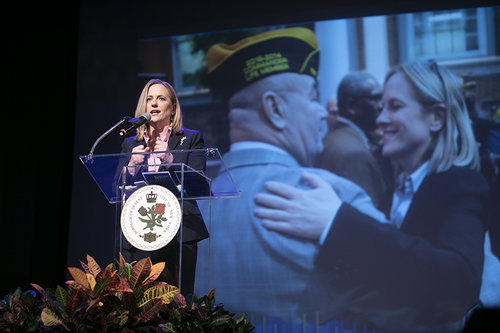 QUEENS BOROUGH PRESIDENT MELINDA KATZ AT THE 2019 STATE OF THE BOROUGH ADDRESS IN LONG ISLAND CITY. PHOTO COURTESY OF BOROUGH PRESIDENT MELINDA KATZ’S OFFICE.