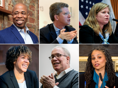 An collage with six NYC mayoral race cadidates. From left top to right bottom - Top L-R: Borough President Adams (Photo credit: Krystalb97 licensed under CC BY-SA 4.0), Shaun Donovan (Photo credit: World Economic Forum licensed under CC BY-NC-SA 2.0), Dept. of Sanitation Commissioner Kathryn Garcia (Photo credit: Ed Reed/Mayoral Photography Office) Bottom L-R: Phipps Neighborhoods CEO Dianne Morales (Photo source: www.dianne.nyc), New York City Comptroller Scott Stringer (Photo credit: NYCP), Counselor to the Mayor Maya Wiley (Photo credit: Mayoral Photography Office)