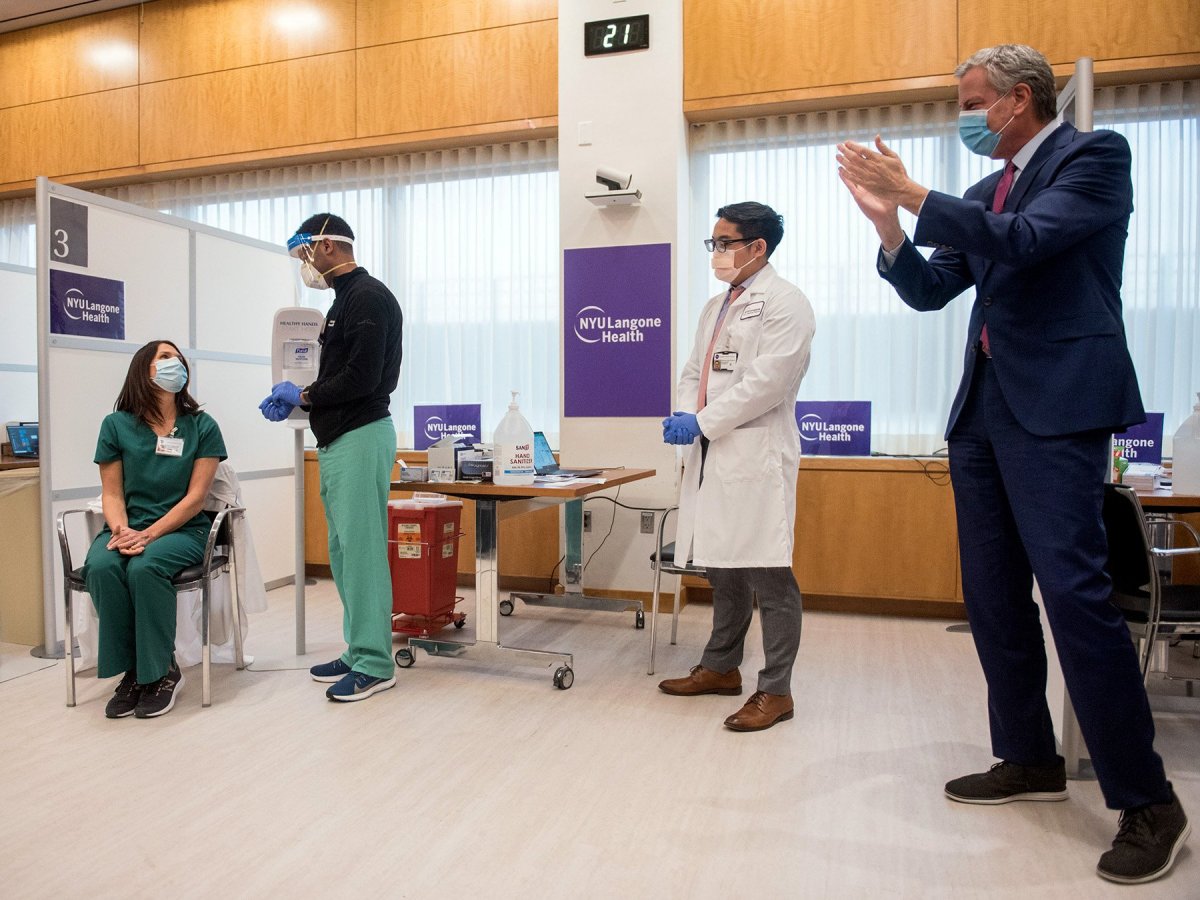 Mayor Bill de Blasio observing vaccinations of healthcare worker at NYU Langone Health in Manhattan last month
