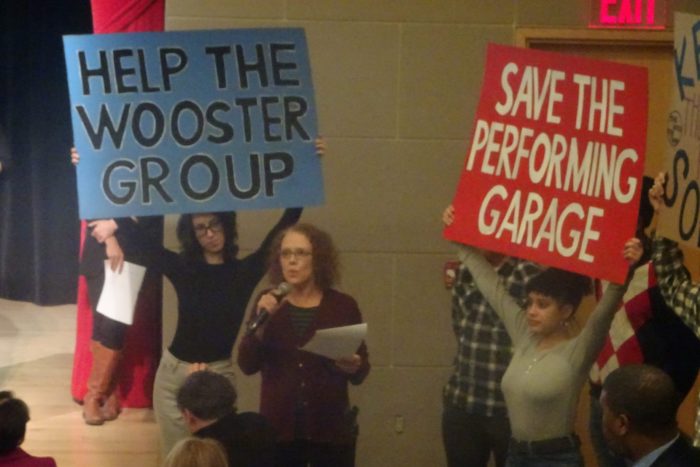 Representatives of the Wooster Group beckon electeds to save the Performing Garage (photo by William Engel)