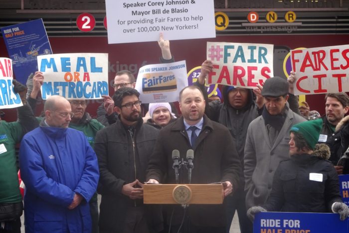 Council Speaker Corey Johnson stands alongside his colleagues to announce the opening of enrollmaent in Fair Fares (photo by William Engel)