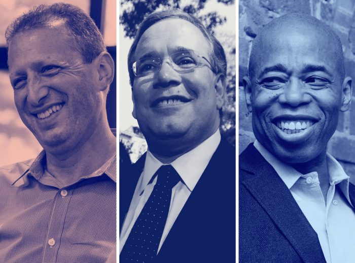 Three headshots: of Brad Lander, Scott Stringer, and Eric Adams, all smiling and rendering in duotone.