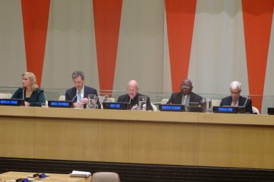 From Left to Right: Hajnalka Juhasz, Samuel Brownback, Archbishop Bernardito Auza, Ignatius Kaiama, Thomas Farr. Photo by William Engel.