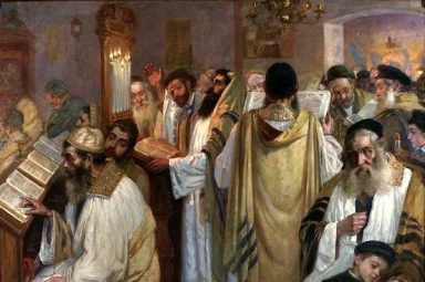 Painting of a gathering at synagogue