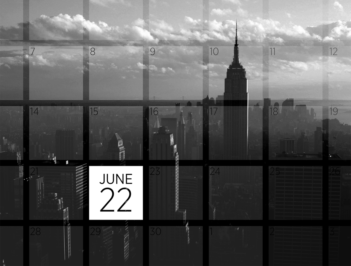 a cityscape of New York City with the empire state building superposed with a calendar up to June 22 with the past dates crossed out superposed on top of.