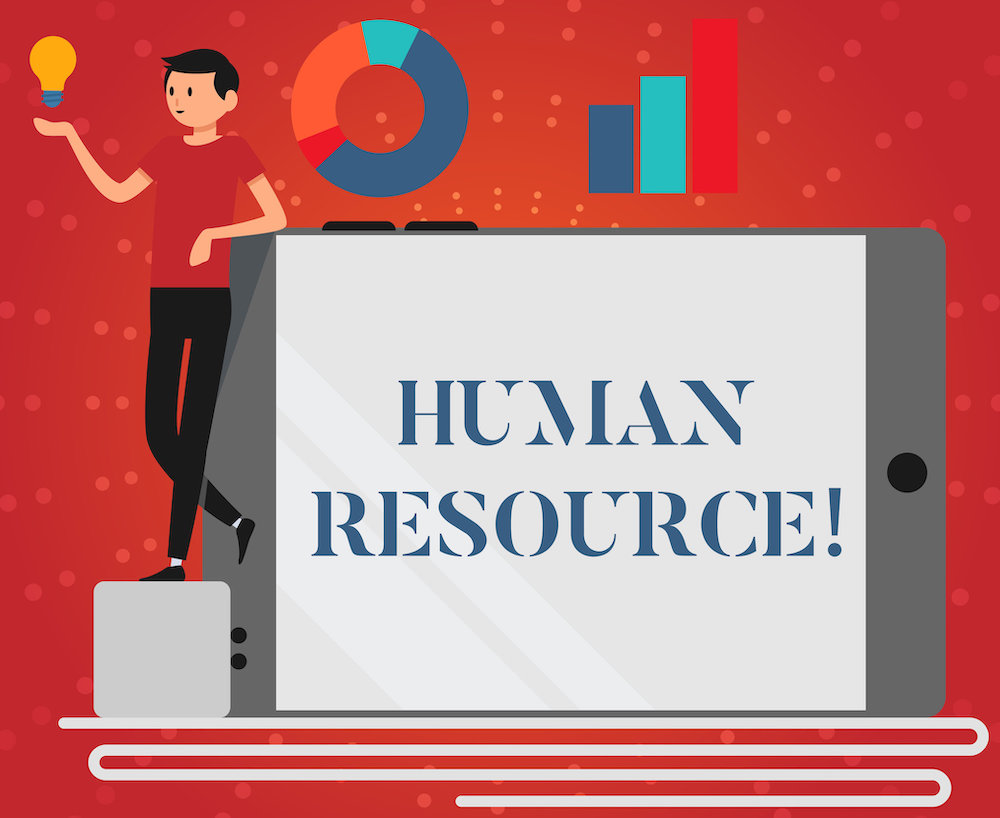 Writing note showing Huanalysis Resource. Business photo showcasing the process of hiring and developing employees Man Leaning on Smartphone Turned on Side Graph and Idea Icon.